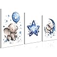 Baby Boy Nursery Canvas Wall Art Set of 3, Blue Elephant Moon and Stars Picture Wall Decor Painting, Cute Animal Baby Girl Nursery Posters Prints for Kids Room Bedroom 12x16 In Framed