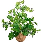 Arbolanta 14'' Decorative Faux Monstera Plant Potted in Yellow Woven Ceramic Planter Realistic Fake Greenery Artificial Plant for Home Office Bathroom Kitchen Bedroom Tabletop Decor