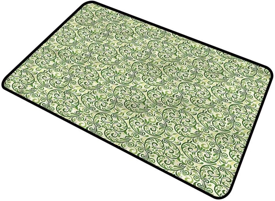 DESPKONHOME Green, Floor Mat Curly Ornate Leaf Damask