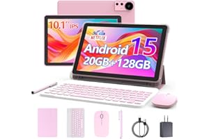 CUPEISI Android 15 Tablet 10 Inch, 20GB RAM+128GB ROM/ 2TB Expandable, 2.0GHz Quad-core Processor, 1280*800 HD Screen, 5G WiFi6 BT 5.0, 2 in 1 Tablets with Keyboard Case Mouse Stylus, Widevine L1 Pink