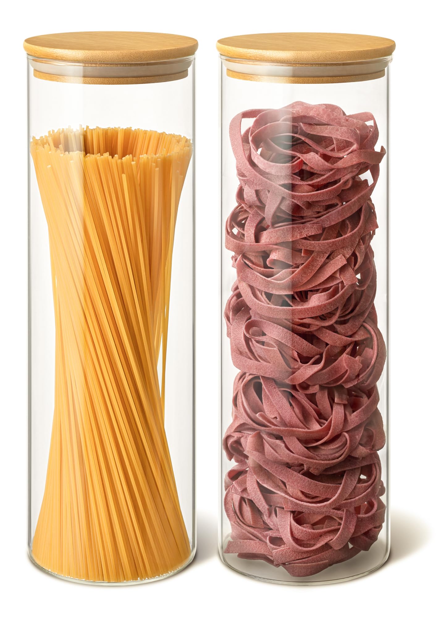 Praknu Glass Jars with Bamboo Lids - Set of 2 Tall 2000ml Round Pasta Jars - Airtight Spaghetti Jar Storage