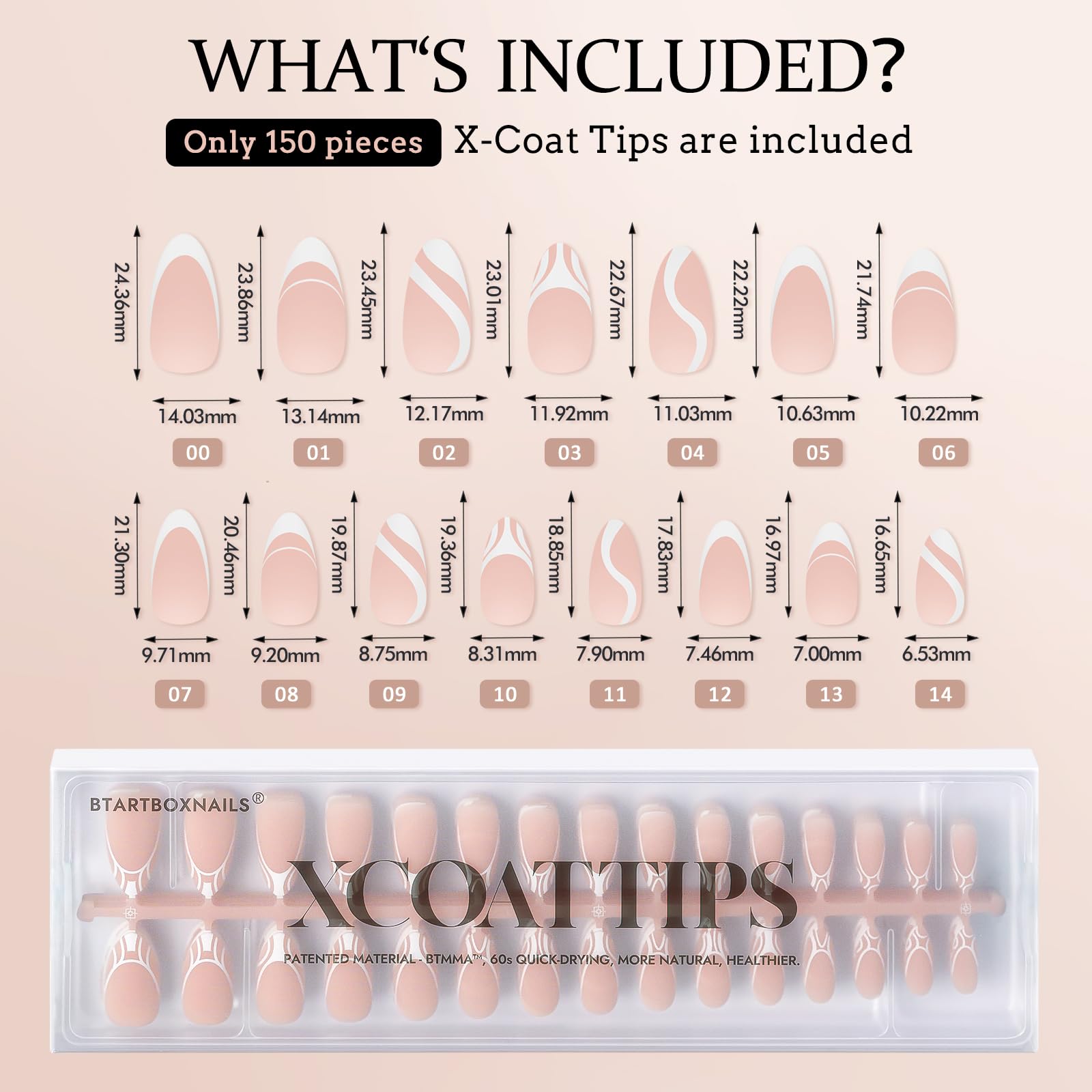 BTArtbox Press On Nails Almond - 5 Styles XCOATTIPS French Tip Almond Nails, Pre-Designed Swirl Soft Gel Nail Tips, Ultra Fit Medium False Nail, Soak Off Acrylic Fake Nails for Nail Art DIY - Image 6