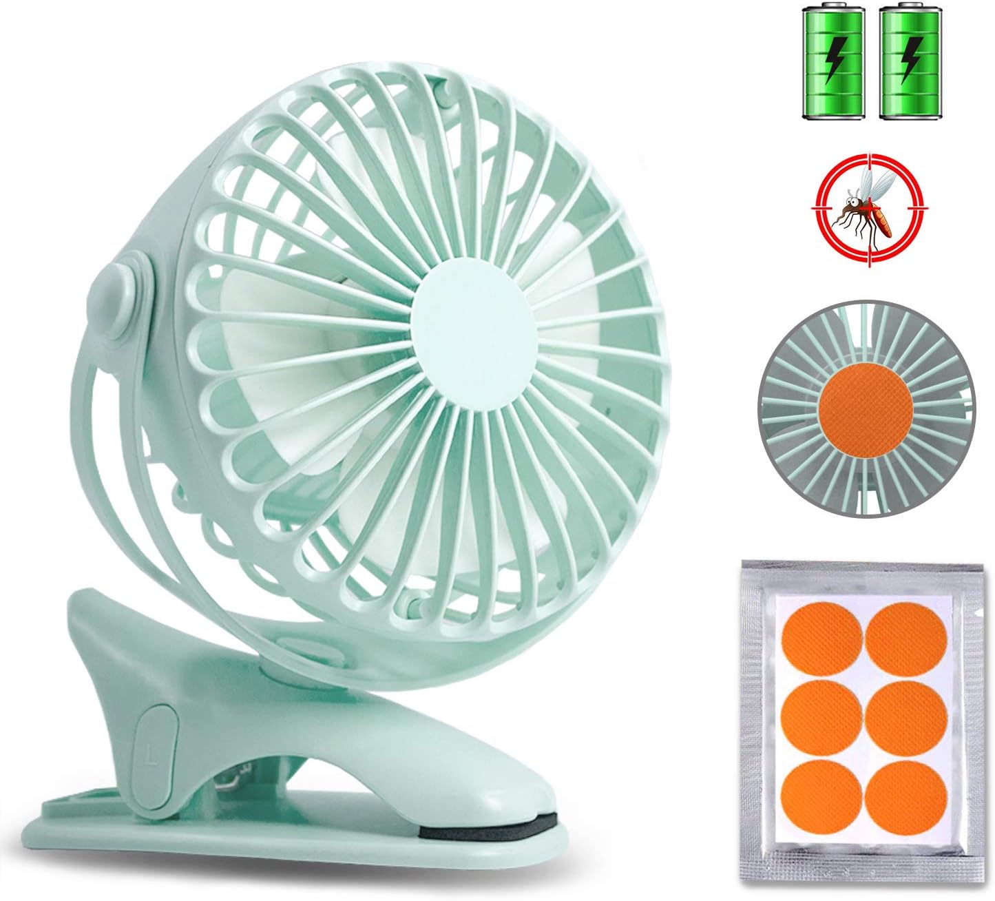 HALLO Gontar Clip-on Stroller Fan 4400 mAh Rechargeable Lithium Battery & USB Cable 360°Rotation Adjustable Speed-Operated Accessory for Baby, Car Seat, Gym, Travel, Treadmill,(GREEN)
