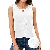 V FOR CITY Women Tank Tops with Built in Bras Flowy Eyelet Embroidery Sleeveless Top Pleated Scoop Neck Work Cami Shirts