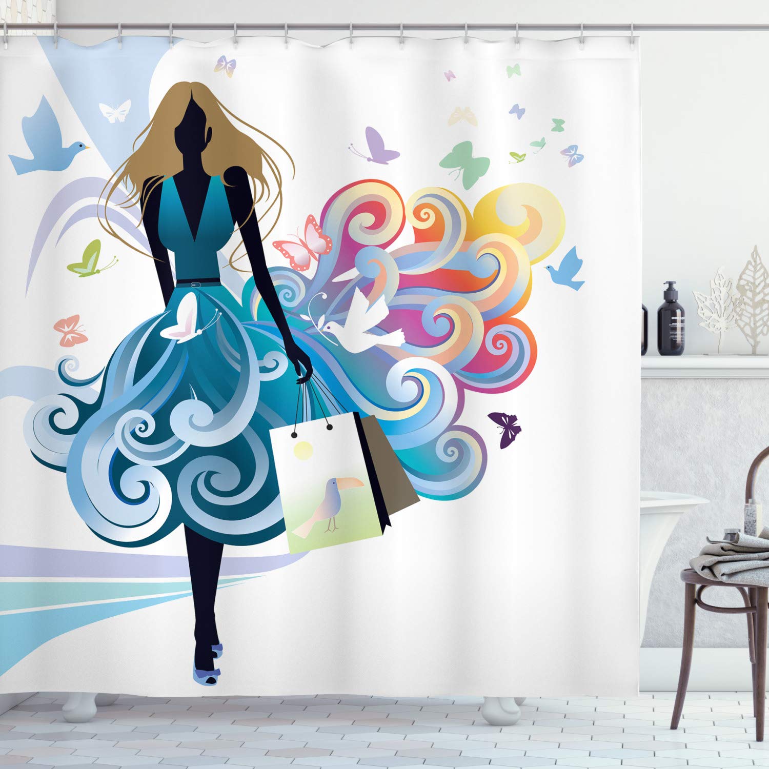 ABAKUHAUS Contemporary Shower Curtain, Young Woman Silhouette with Shopping Bags Fantasy Skirt Butterflies Fashion, Cloth Fabric Bathroom Decor Set with Hooks, 86 Inches Extra Long, Multicolor