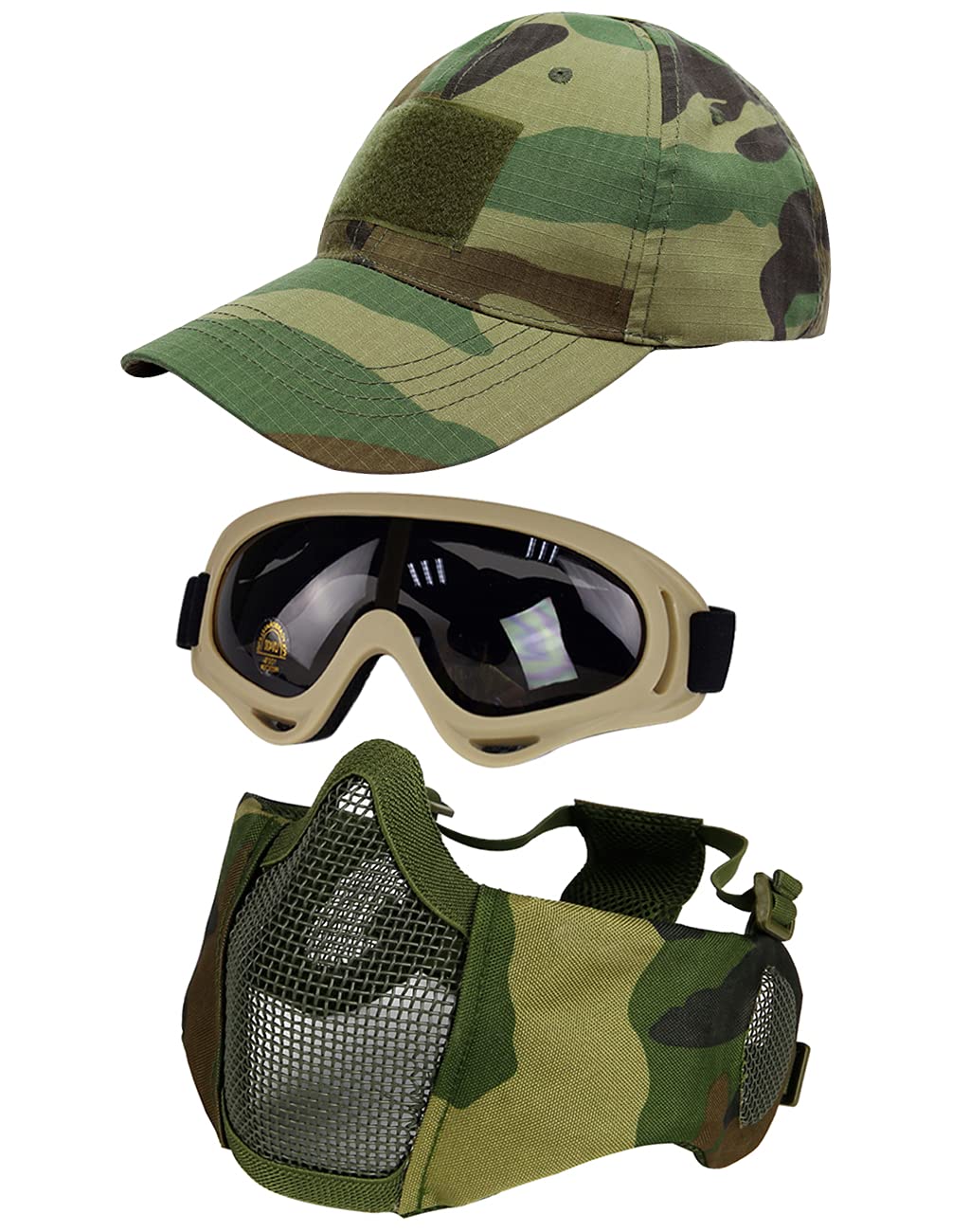 Hodeacc 3 Pcs Tactical Airsoft Mask Goggles Baseball Cap Set,Adjustable Half Face Mesh Mask with Ear Protection,Airsoft Glasses Eye Protection Outdoor Hat for Outdoor BB/CS Game