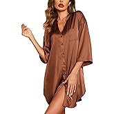 Ekouaer Satin Nightgowns for Women Silk Sleepwear Button Down Sleepshirt 3/4 Sleeve V-Neck Nightshirts with Pockets