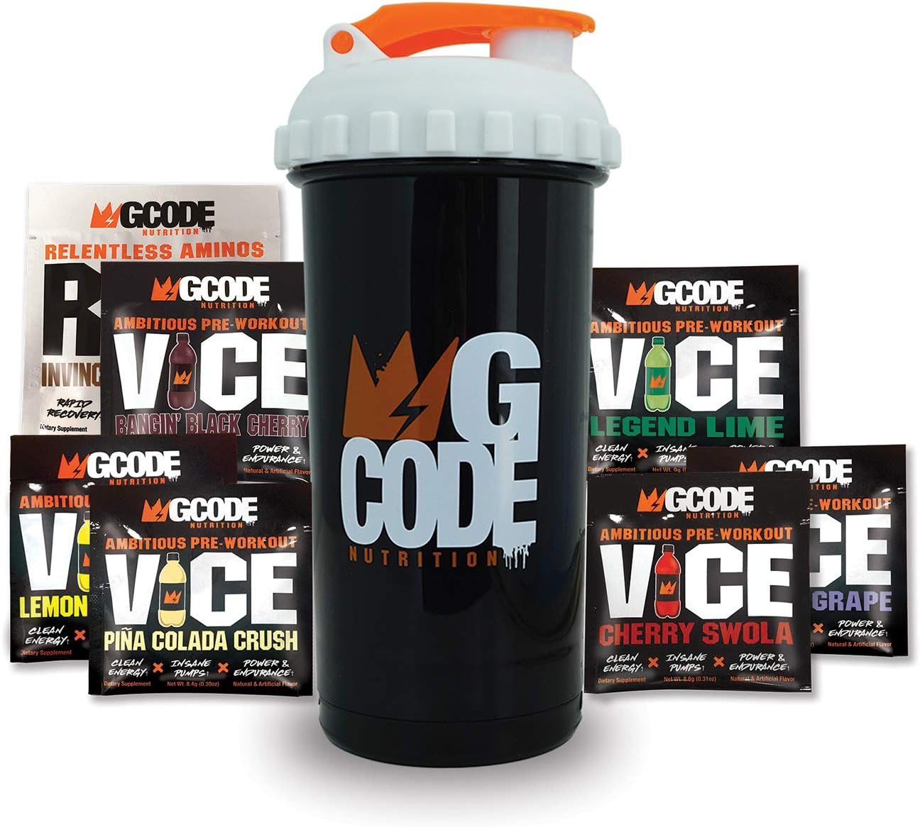 GCode Sample-Loaded Shaker Cup: 6 Servings of VICE Preworkout (Cherry, Grape, Lime, Pina Colada, Black Cherry, Lemon Italian Ice) + 1 Serving of Rise Aminos (Iced Tea) + 1 Shaker w/Secret Compartment