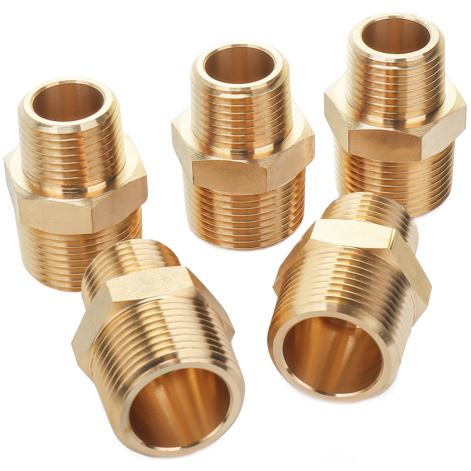 LTWFITTING Brass Pipe Hex Reducing Nipple Fitting 3/4-Inch x 1/2-Inch Male BSPT (Pack of 5)