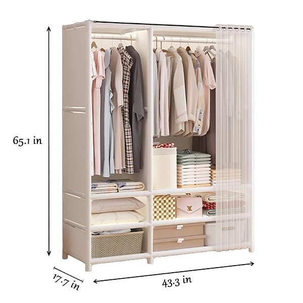 WEALTHYHEART PORTABLE CLOSET,WARDROBE,HEAVY DUTY CLOTHES RACK WITH COVER,JAPANESE STYLE GARMENT RACK WITH 2 HANGING RODS,6 STORAGE SHELVES,43.3″ L X 17.7″ W X 65.1″ H,WHITE