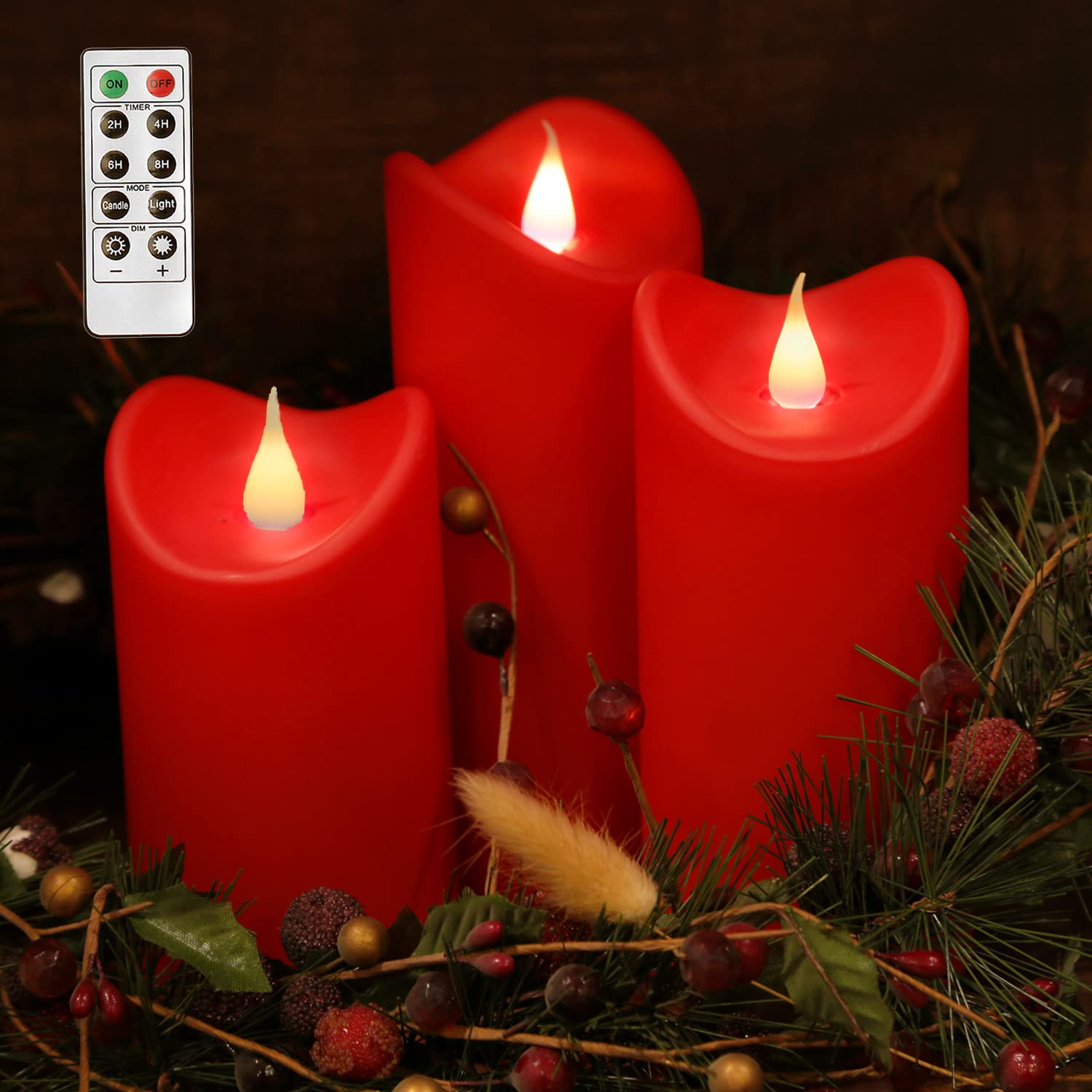 Photo 1 of GiveU Pack of 3 Christmas Red Waterproof Outdoor Flameless Candle with Timer and 10-Key Remote, Battery Operated Moving Flame Flickering LED Candle Home Decoration