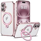 AmoraAqua Compatible with iPhone 16 Case with 360° Spin Magnetic Ring Stand [Compatible with Mag-Safe] Full Camera Lens Protector Plating Clear Phone Case for iPhone 16 6.1", Pink