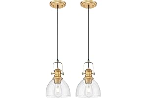Audickic Pendant Lights Kitchen Island 2 Pack, Farmhouse Pendant Lighting with Clear Seeded Glass Shade, Vintage Hanging Light Fixtures for Dining Room, Gold Wood Paint Finish, AD-22151-1P2