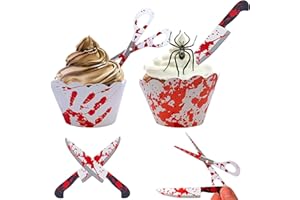 ACANTHA 48pcs Halloween Cupcake Toppers Wrappers Horror Cake Decoration With Bloody Knife Scissors Pattern