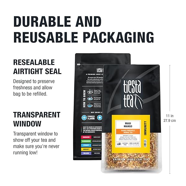TIESTA TEA MAUI MANGO, LOOSE LEAF, MANGO PINEAPPLE HERBAL TEA, PREMIUM NON-CAFFEINATED FRUIT BLEND, MAKES HOT OR ICED & BREWS UP TO 200 CUPS, 16 OUNCE RESEALABLE BULK POUCH
