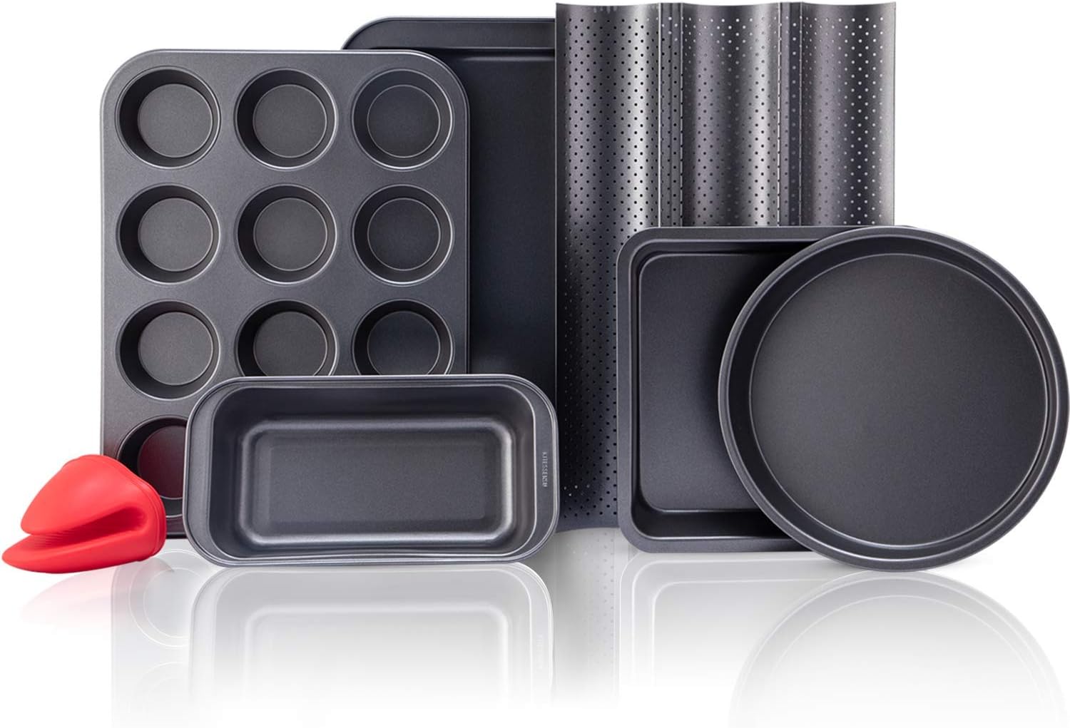 KITESSENSU Baking Pans Sets Nonstick, Bakeware Set with Round Cake Pan, Square Cake Pan, Loaf Pan, Cup Muffin Pan, Baguette Pan, Cookie Sheet & Silicone Oven Mitts, Carbon Steel Bake Set 7-Piece: Kitchen & Dining