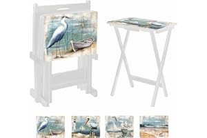 Cape Craftsmen Rectangular TV Trays White Tables | Set of 4 | Easy Folding Couch Trays with Storage Rack | Decorative Portabe Serving Tables for Home Activities (Seashore Birds, Set of 4)