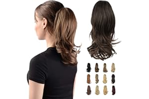 SOFEIYAN 13" Ponytail Extension Long Curly Ponytail Clip in Claw Hair Extension Natural Looking Synthetic Hairpiece for Women, Black/Medium Chestnut Brown Mix