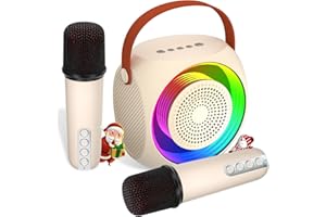 MICPIONEER Kids Karaoke Machine, Mini Bluetooth Karaoke Speaker with 2 Wireless Microphone and LED Lights for Adults, Birthday Gifts for Girls/Boys Ages 4, 5, 6, 7, 8, 9, 10, 12+(Beige)