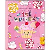 Hongshan 1st Birthday Card for Girl,1 Year Old Birthday Gifts,Cupcake and Candy First Bday Decorations for Her
