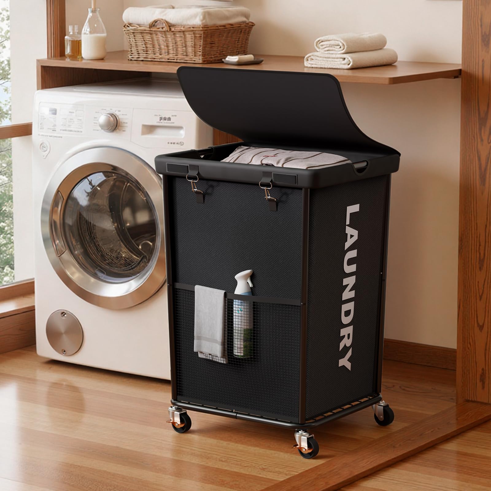 Photo 1 of 150L Laundry Basket with Wheels, Rolling Laundry Hamper with Cloth Cover, Laundry Cart with Metal Frame & Removable Bag, Large Dirty Clothes Hampers for Bedroom Aesthetic, Laundry Room Bathroom, Black