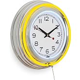 Lavish Home Neon Wall Clock with Double Light Ring, Yellow, 14 Inch | Dual Power Round Analog Quartz Timepiece, Retro D&eacute;cor for Bar, Garage &amp; Game Room
