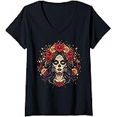 Womens La Catrina Dia De Los Muertos, Sugar Skull Day of The Dead V-Neck T-Shirt