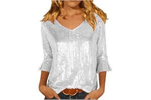 Womens Sparkly Sequin Tops Fashion V Neck 3/4 Flare Sleeve Glitter Shirts Dressy Concert Party Disco Evening T Shirt