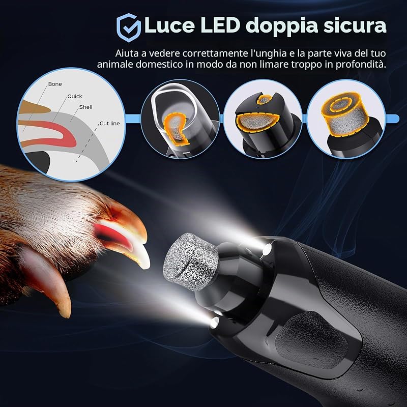 Affilaunghie per Cani, Regolabile, 6 velocità, 12000 Giri/min, 45 Db, Doppia Luce LED, Ricaricabile Tramite USB, 3 Porte, Lima per Unghie per Cani di Taglia Grande, Media e Piccola