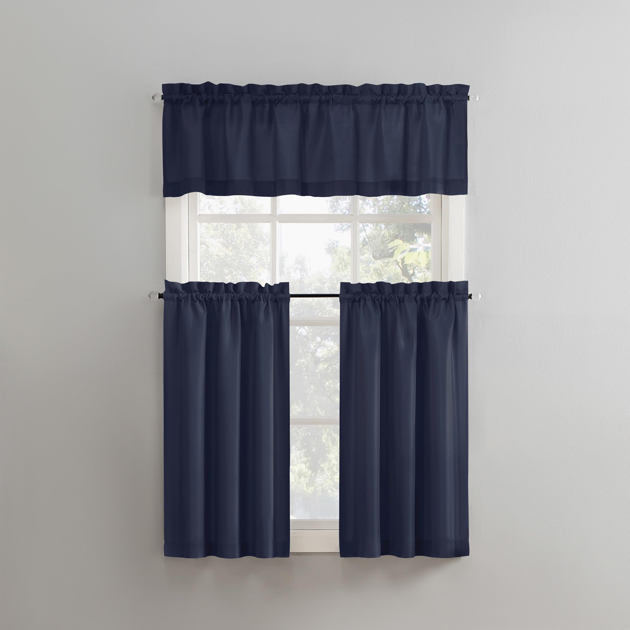 No. 918 Martine Microfiber Semi-Sheer Rod Pocket Kitchen Curtain Valance and Tiers Set, 54" x 36", Navy Blue — image 1