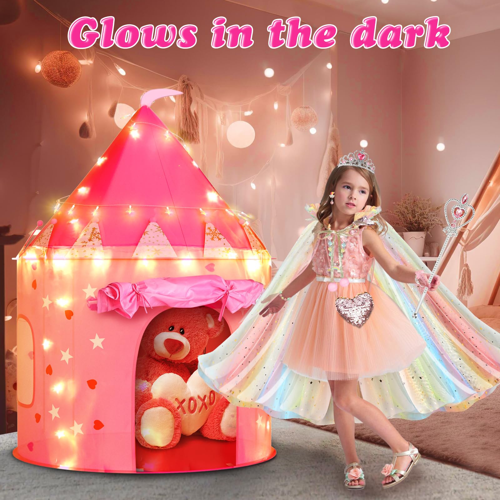 URCUZER Princess Tent with 13PCS Dress Up for Girls, Castle Playhouse with Star Lights for Kids Indoor and Outdoor Games (Rainbow)