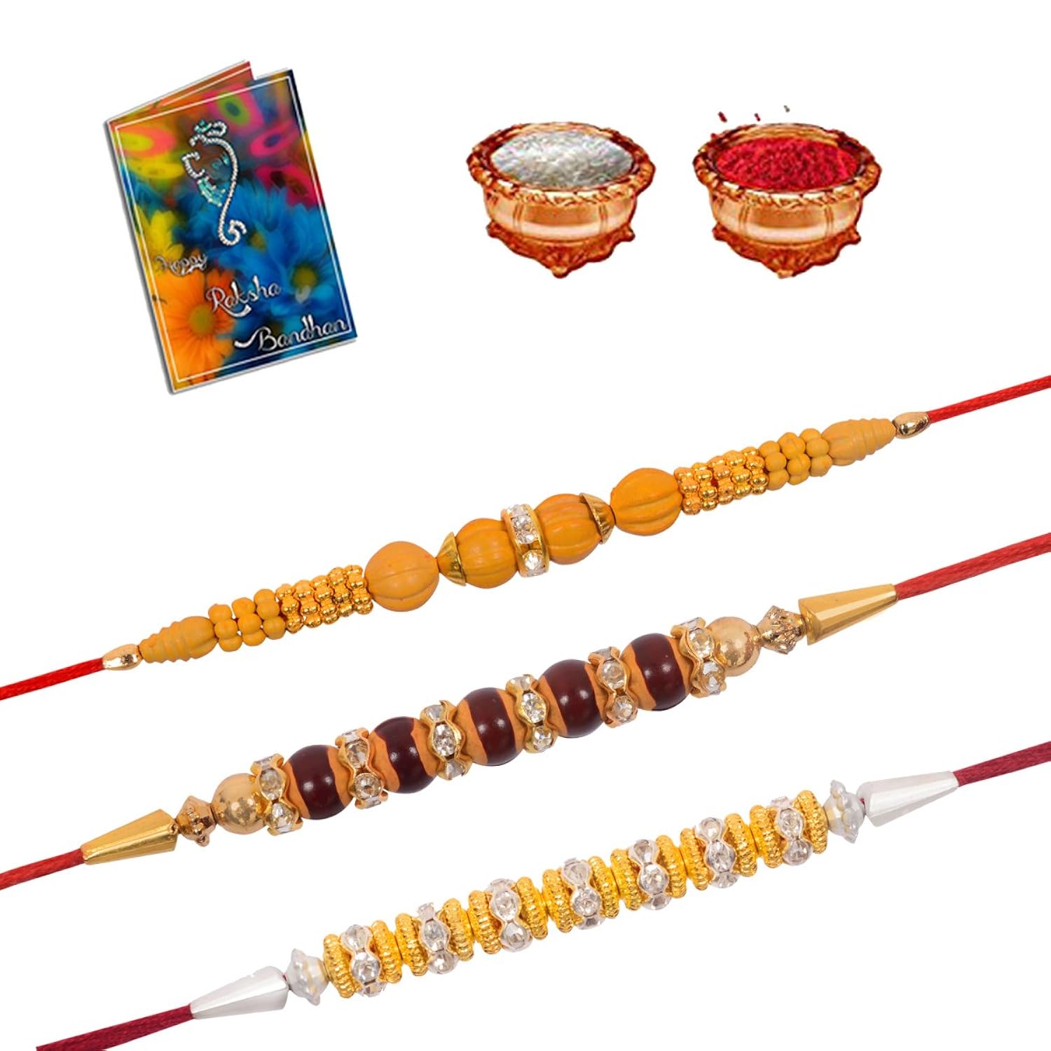 sinjara dora rakhi set with greeting card roli chawal for men/boys - set of 3