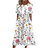 Women Summer Casual Dress Loose A-Line Floral T-Shirt Soft Cotton Long Dress Short Sleeve Beach Sundress with Pockets