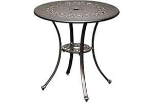 DWVO 25 Inches Round Patio Dining Table with Umbrella Hole, Antique Cast Aluminum Outdoor Bistro Table Outdoor Side Table for Backyard, Garden, Patio, Porch, Hammered Bronze