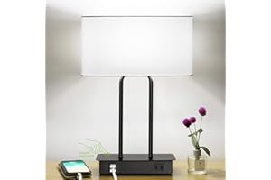 LAKUMU Bedside Touch Control Table Lamp with Dual USB Charging Ports 1 AC Outlet, 3 Way Dimmable Modern Nightstand Lamp with White Fabric Shade, Desk Lamp for Bedroom Living Room Office with 5000K LED Bulb