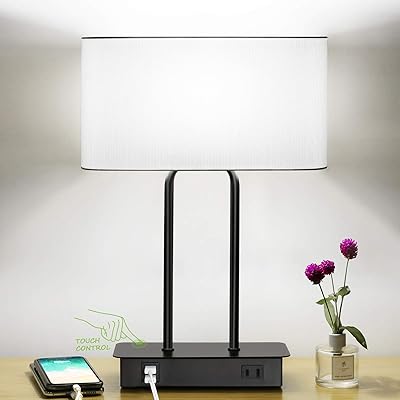 Buy Bedside Touch Control Table Lamp With Dual Usb Charging Ports 1 Ac Outlet 3 Way Dimmable Modern Nightstand Lamp With White Fabric Shade Desk Lamp For Bedroom Living Room Office With