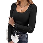 Ekouaer Womens Long Sleeve Shirts Square Neck Slim Fit Basic Tops Ribbed Thermal Undershirts Layering Tee