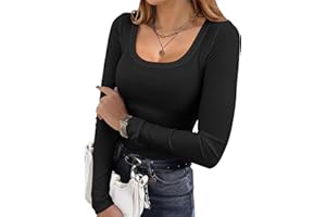 Ekouaer Womens Long Sleeve Shirts Square Neck Slim Fit Basic Tops Ribbed Thermal Undershirts Layering Tee