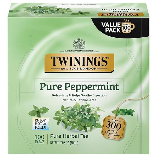 TWININGS PURE PEPPERMINT HERBAL TEA INDIVIDUALLY WRAPPED BAGS, 100 COUNT (PACK OF 1), FRESH MINTY FLAVOUR, NATURALLY CAFFEINE-FREE, ENJOY HOT OR ICED, 100 TEABAGS