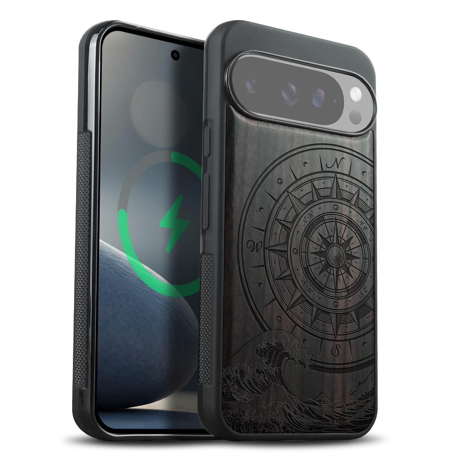Carveit Holz Cover für Pixel 10 Pro XL hülle, Handyhülle kompatibel MagSafe Silikon Stoßfeste Case, Magnetisch Hull für Google Pixel 10 Pro XL Handyhulle（Dunklesholz-Der Kompass vor Kanagawa Waves）