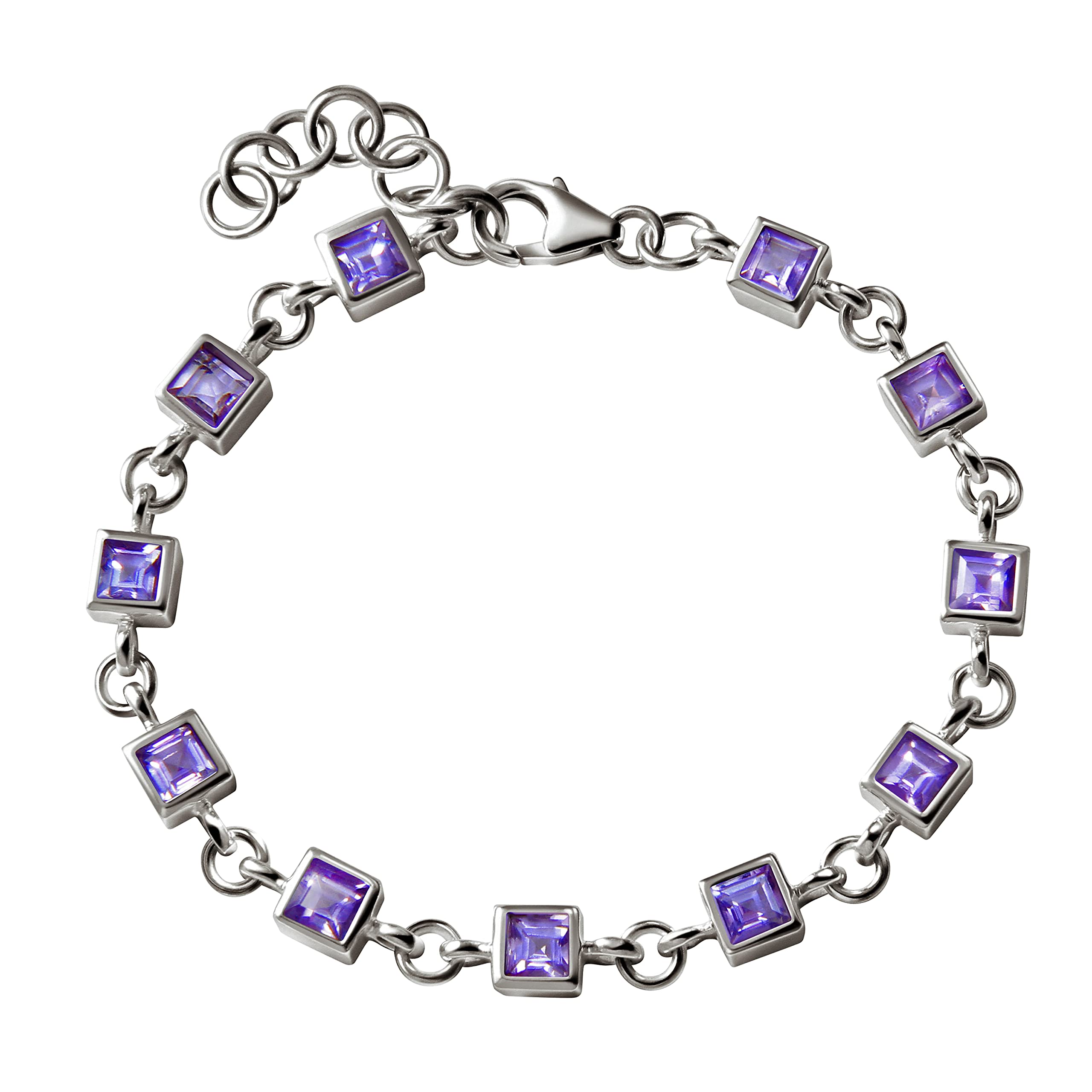 Franki Baker Square Amethyst Sterling Silver Tennis Bracelet. Length:19cm + 5cm extension chain