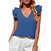 PRETTYGARDEN Blouses for Women Dressy Casual Summer Going Out Tops 2026 Spring Business Work V Neck Ruffle Cap Sleeve Shirts