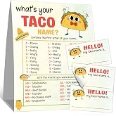 Taco Party Game Cards Set, What is Your Taco Name Game Card, Birthday Party Activities for Boys Girls, 1 Taco Name Game Double Sided Sign and 30 Name Stickers, Taco Birthday Party Games Decors-A17