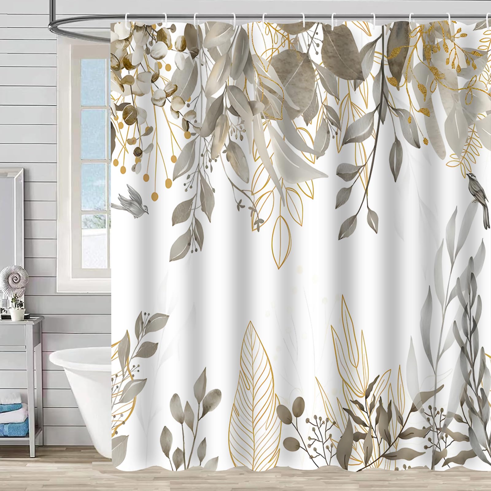 Photo 1 of ZCHOMI Grey Tan Eucalyptus Leaves Shower Curtain Beige Weeping Branches Leaves Shower Curtains for Bathroom Waterproof Polyester Fabric Bathroom Curtain 72 x 72 Inch with 12 Hooks