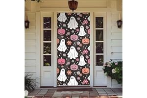 Likjad Halloween Pumpkin Ghost Door Cover Decorations, Preppy Floral Halloween Doorway Curtains Door Covers Banners Photography Background Backdrop for Girls Room Dorm Indoor Outdoor Decor, 35*79 Inch
