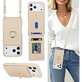 Lipvina for iPhone 17 Pro Case with Card Holder and Strap for Women,Crossbody Lanyard,Ring Stand,Snap Clasp,Cute Phone Wallet Cases 6.3 inch (Beige)