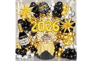 EICUECUE New Year Decorations 2026 - Different Size Black Gold Silver Latex Balloons 2026 Number Foil Balloons New Year Foil Balloon for New Years Eve Prom Party Supplies Decorations 2026
