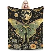 Qycazzw Moth Moon Phases Blanket Gifts for Women Kids, Mystical Butterfly Floral Flannel Blankets, Warm Cozy Soft Throw for Bedroom, Camping, Couch, Decor 50x60 in