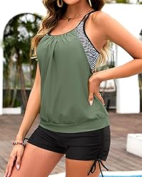 Holipick Women Army Green Striped Tankini Swimsuits
