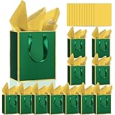 Epoesch Premium Metallic Paper Gift Bags with Handles and Tissue Paper, 8"x5"x10" Inch Dark Blue Gold Edge Welcome Gift Thank You Bags (Green Gold, 1 Count (Pack of 12))